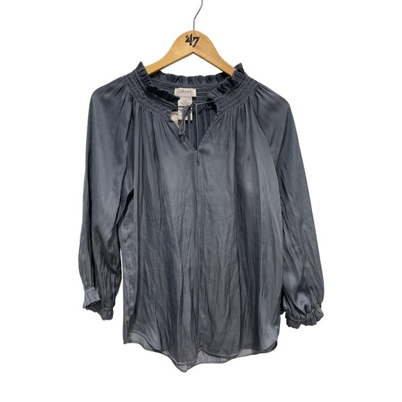 Carmen Marc Valvo Satin Blouse Size Small Smocked Tie Neck Blue Stone Office NEW - Picture 2 of 8